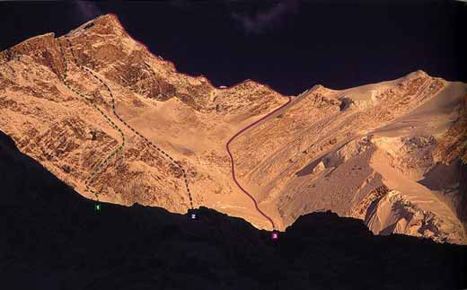 
Annapurna West Face climbing routes: 1. Troillet-Steiner attempt 1984, 2. Sveticic attempt 1991, 3. Messner-Kammerlander route 1985 - 8000 Metri Di Vita, 8000 Metres To Live For book
